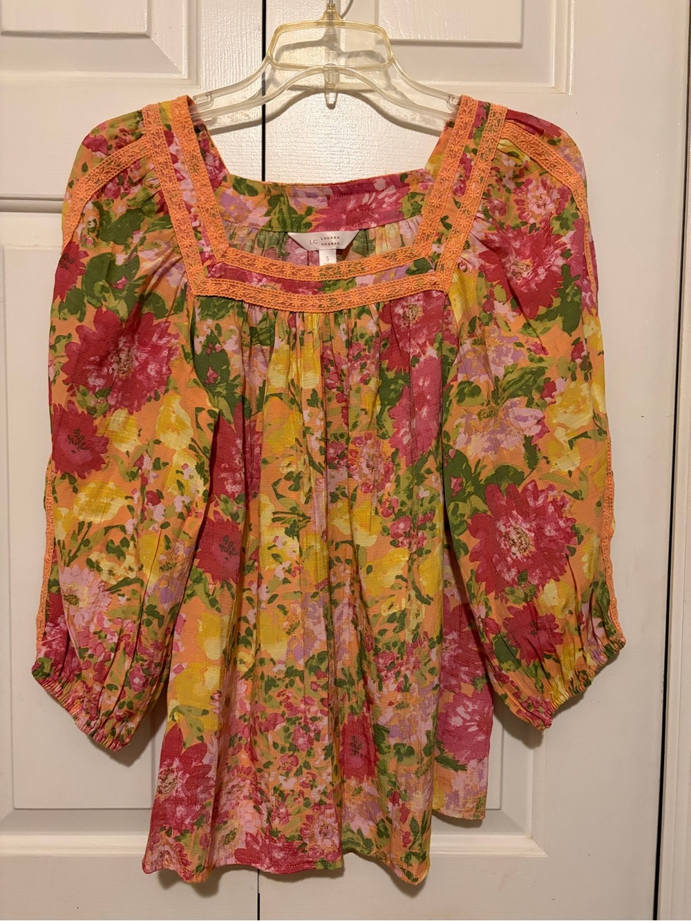 LC Lauren Conrad Yellow Pink Floral Square-Neck Peasant Blouse